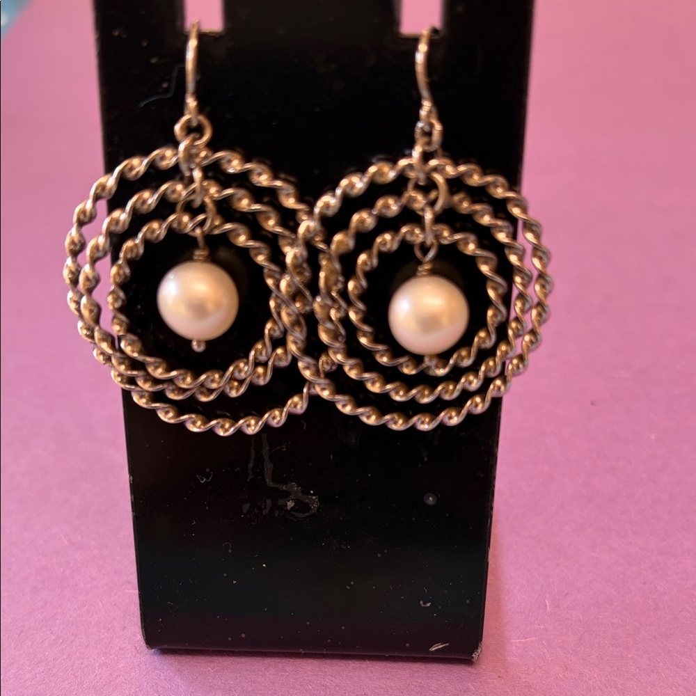 Elegant sterling silver and Pearl Dangle Earrings